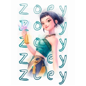 Puede incluir: Ilustración en acuarela de una joven con cabello oscuro recogido en un moño, con un top y falda turquesa. Sostiene una grulla de origami. El nombre "Zoey" está escrito en guión turquesa a su alrededor.