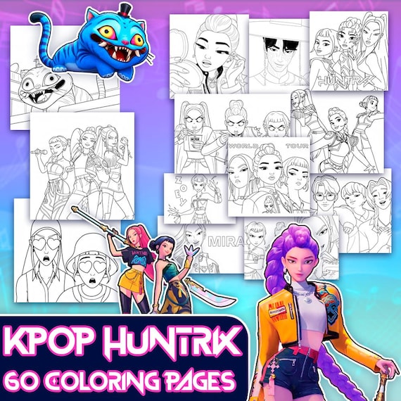 60 Printable Kpop Coloring Pages, Huntr Demon Coloring Book, Kids Birthday Activity Party Favor, Printable Digital Pages, hunters girl Anime