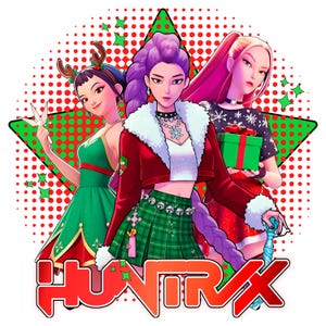 Może przedstawiać: Cyfrowa ilustracja trzech kobiet w świątecznych strojach na tle czerwono-białego tła w kropki. Kobiety mają na sobie stroje o tematyce bożonarodzeniowej, w tym zieloną sukienkę, czerwoną kurtkę i czarny top. Słowo "HUNT RX" jest wyświetlane na czerwono.