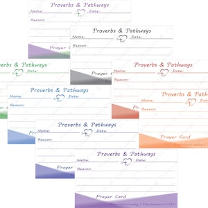 May include: A collection of prayer cards with the text "Proverbs & Pathways." Each card features space for a name, reason, and date, along with a heart and cross symbol. The cards have a white background with colorful accents.