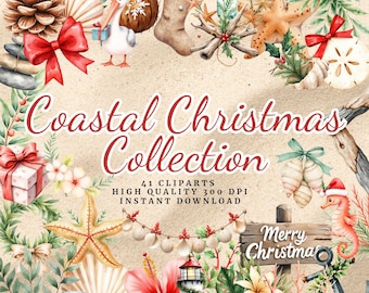 Puede incluir: Una ilustración en acuarela con temática navideña costera. La imagen incluye conchas marinas, estrellas de mar, un faro y un caballito de mar con un gorro de Papá Noel. El texto dice "Coastal Christmas Collection" y "Merry Christmas."