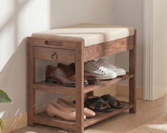 Solid Wood Entryway Shoe Bench with Storage Drawer, 2 Tier Entryway Shelf, Cushioned Seat Hallway Organizer