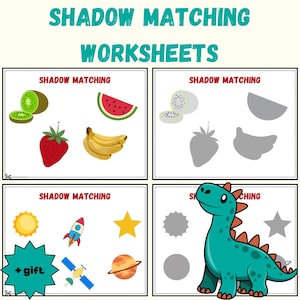 Puede incluir: Hoja de trabajo educativa con el texto "SHADOW MATCHING WORKSHEETS". La ilustración presenta frutas, objetos espaciales y un dinosaurio, junto con sus sombras correspondientes para emparejar.