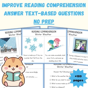 Puede incluir: Recurso educativo con el texto "Mejorar la comprensión lectora" y "Responder preguntas basadas en texto". Incluye páginas de comprensión lectora sobre el clima invernal con ilustraciones de copos de nieve, niños esquiando y un muñeco de nieve.