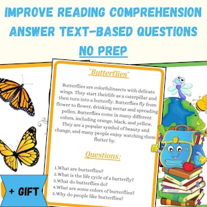 Puede incluir: Recurso educativo sobre mariposas, con texto y preguntas. La imagen incluye ilustraciones de mariposas, una mochila, libros y el texto "Improve Reading Comprehension". También hay una etiqueta de regalo.