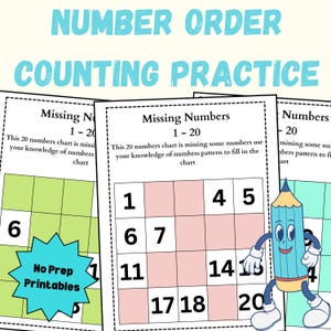 Pode incluir: Folhas de trabalho educativas para a ordem numérica e a prática da contagem. Apresentam números em falta de 1 a 20, com um personagem de lápis de desenho animado. O texto nas folhas de trabalho diz "Missing Numbers 1-20" e "No Prep Printables".