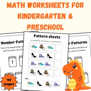 Peut inclure: Feuilles de calculs de mathématiques pour la maternelle et le préscolaire. L'image montre des feuilles de motifs avec des illustrations de chaussures et de talons. Un dinosaure de dessin animé est à droite. Les feuilles de calculs ont 50 pages.