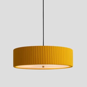 Mustard Cotton Drum Pendant Light, Ochre Fabric Chandelier, Warm Modern Hanging Fixture