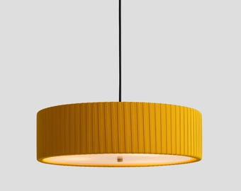 Mustard Cotton Drum Pendant Light, Ochre Fabric Chandelier, Warm Modern Hanging Fixture