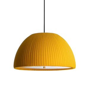 May include: A yellow, dome-shaped pendant light fixture with vertical pleats. The light hangs from a black cord and has a white interior. The fixture is a bright, modern design.
