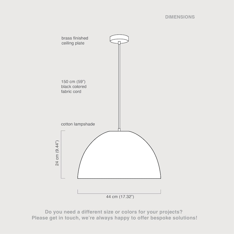 May include: A diagram of a pendant light fixture with a brass ceiling plate, a 150 cm (59") black fabric cord, and a cotton lampshade. The lampshade is 24 cm (9.44") high and 44 cm (17.32") wide. Text includes "DIMENSIONS".