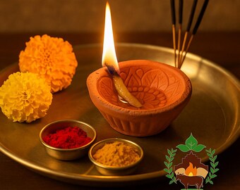 Handmade Terracotta Clay Diya: Rustic Floral Oil Lamp