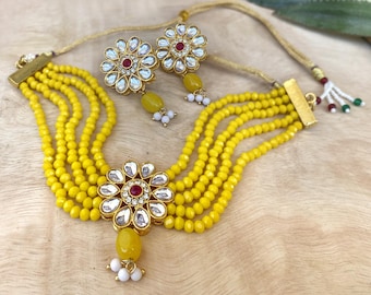 Yellow Beads Kundan Choker Necklace with Earrings: Indian Handmade Jewelry