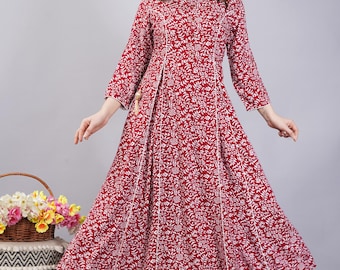 Printed Rayon Anarkali Dress, Maroon Indian Kurta, Maxi Dress