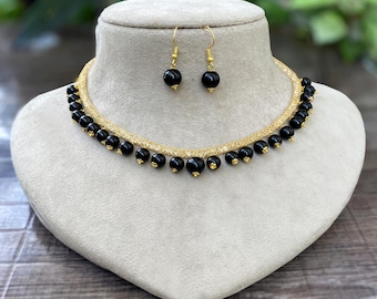 Indian Black Pearl Choker Necklace with Earrings: Indian Handmade Jewelry