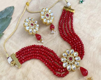 Red Kundan Choker Necklace & Earrings: Indian Bridal Jewelry