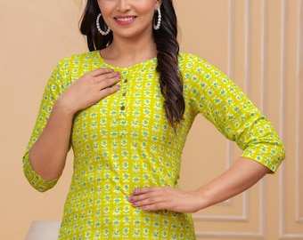 Kurti corto indio, túnica, blusa de algodón