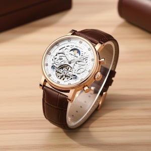 May include: A gold-toned wristwatch with a white face and a brown leather band. The watch face has intricate mechanical details visible through the open design. The band is a rich brown color, and the watch has three small dials.