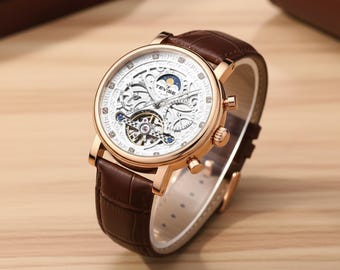 Men’s Luxury Automatic Skeleton Watch with Moonphase, Mechanical Movement, Genuine Leather Strap, 44mm Elegant Dress Watch Gift