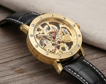Men's Skeleton Mechanical Watch • Transparent Dial, Leather Strap