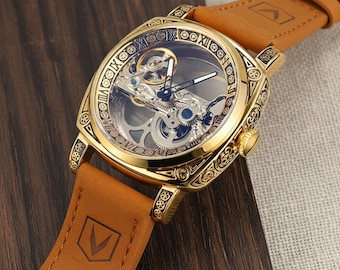 Vintage Skeleton Automatic Watch • Engraved Gold or Silver Case, Leather Strap