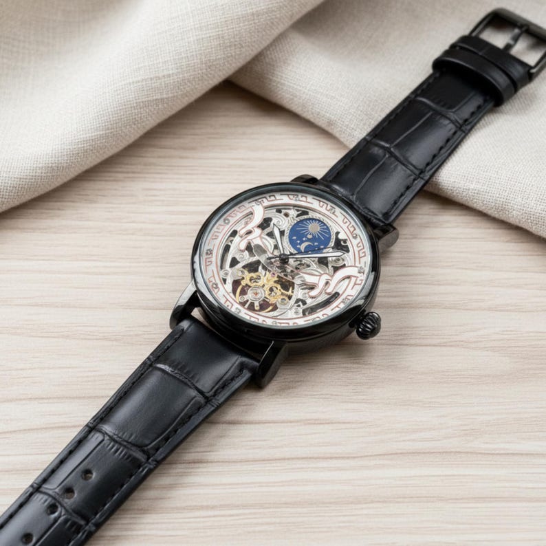 May include: Black skeleton watch with a black leather band. The watch face has a silver frame with intricate detailing, visible gears, and a blue and gold moon phase indicator. The band is approximately 9.5 inches long.