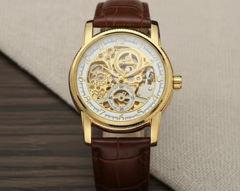 Men's Skeleton Mechanical Watch • Automatic Gold Case, Brown Leather