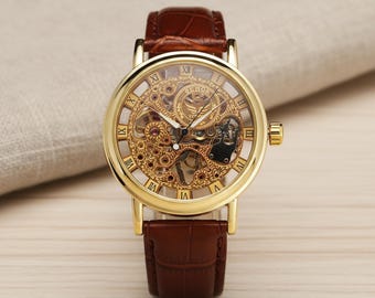 Vintage Skeleton Mechanical Watch • Gold, Brown Leather Strap