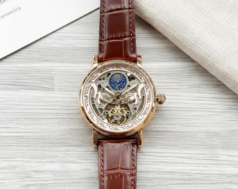 Skeleton Mechanical Watch • Sun & Moon Dial, Leather Strap