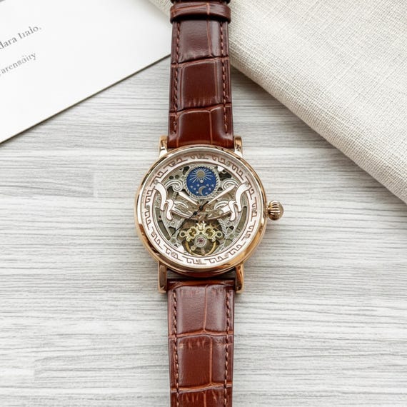 Skeleton Automatic Men Watch Vintage Leather Strap Elegant