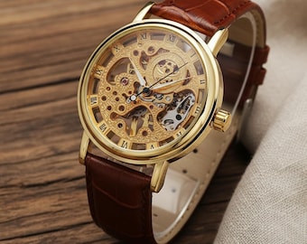 Skeleton Mechanical Watch: Gold Roman Numeral Vintage Leather Wristwatch
