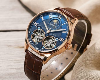 Mens Automatic Watch Blue Roman Dial Mechanical Leather Strap Wrist Timepiece