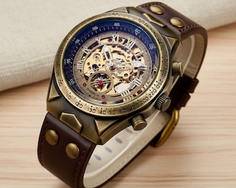 Vintage Steampunk Skeleton Watch • Mechanical Movement, Leather Strap