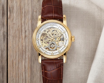 Men's Gold Mechanical Skeleton Watch • Genuine Leather Band