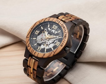 Men's Zebrawood Skeleton Watch: Automatic Mechanical Timepiece