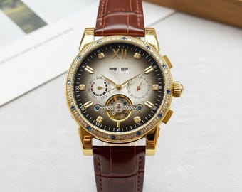 Mechanical Men’s Watch • Leather Strap, Open Heart, Calendar