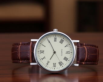 Roman Numeral Watch: Vintage Style  Leather Strap Wristwatch