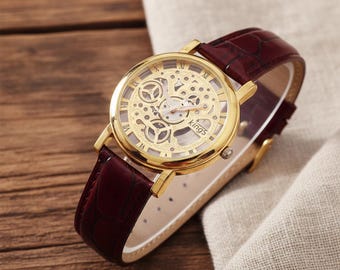 Vintage Skeleton Watch • Gold & Silver, Leather Band