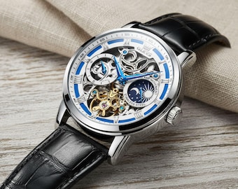 Men's Automatic Skeleton Watch • Leather Strap, Moon Phase