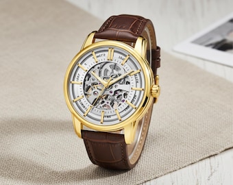Men's Mechanical Skeleton Watch: Leather Band, Luxury Style