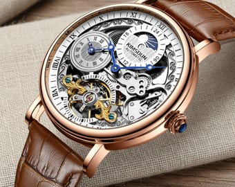 Men's Automatic Skeleton Watch • Dual Time, Leather Strap