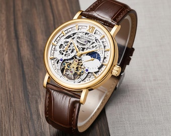 Mens Mechanical Leather Watch Skeleton Dial Moon Phase Wrist Timepiece
