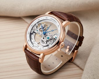 Men's Skeleton Automatic Watch • Openwork Dial, Leather Strap