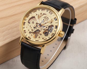 Men's Gold Skeleton Mechanical Watch • Vintage Hand-Winding Wristwatch