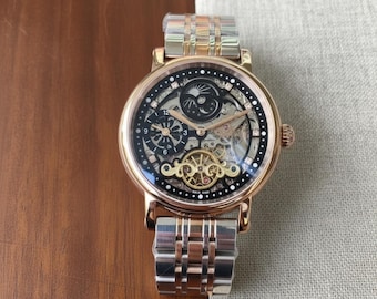 Men's Skeleton Mechanical Watch • Gold & Stainless Steel, Moon Phase