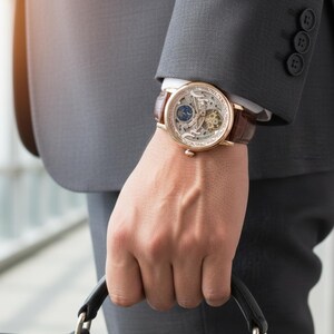 May include: A gold-toned wristwatch with a brown leather band is displayed on a wrist. The watch face reveals intricate mechanical components and a blue accent. The person is wearing a gray suit, holding a black briefcase.