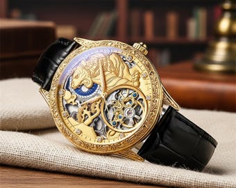 Gold Lion Skeleton Mechanical Watch, Black Leather Strap