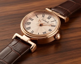 Vintage Labaoli Roman Numeral Watch: Gold Leather Strap, Elegant Quartz Wristwatch