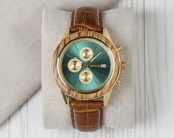 Gold Chronograph Mens Watch: 45mm Green Dial Leather Strap