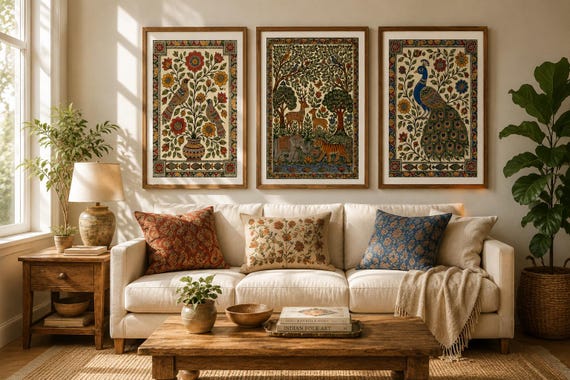 Madhubani Wall Art Set of 3, Indian Folk Art Printable, Peacock Tree of Life Prints, Boho Wall Decor, A2 24x16 Digital Download